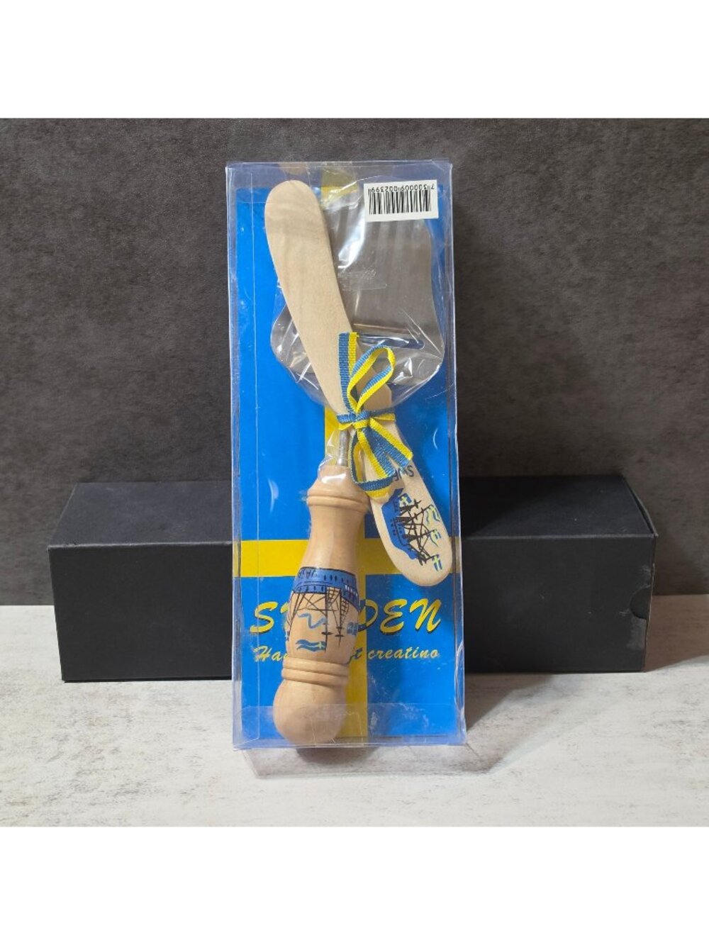 New Swedish Wooden Cheese Slicer & Butter Knife Set Hand Painted Vasa Warship